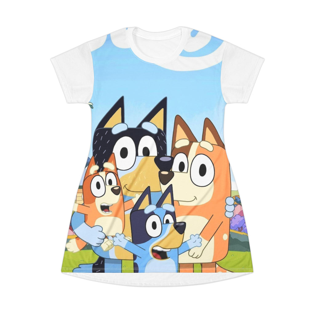 Cartoon Family T-Shirt Dress — Colorful Kids' Blue Dog Crew Print