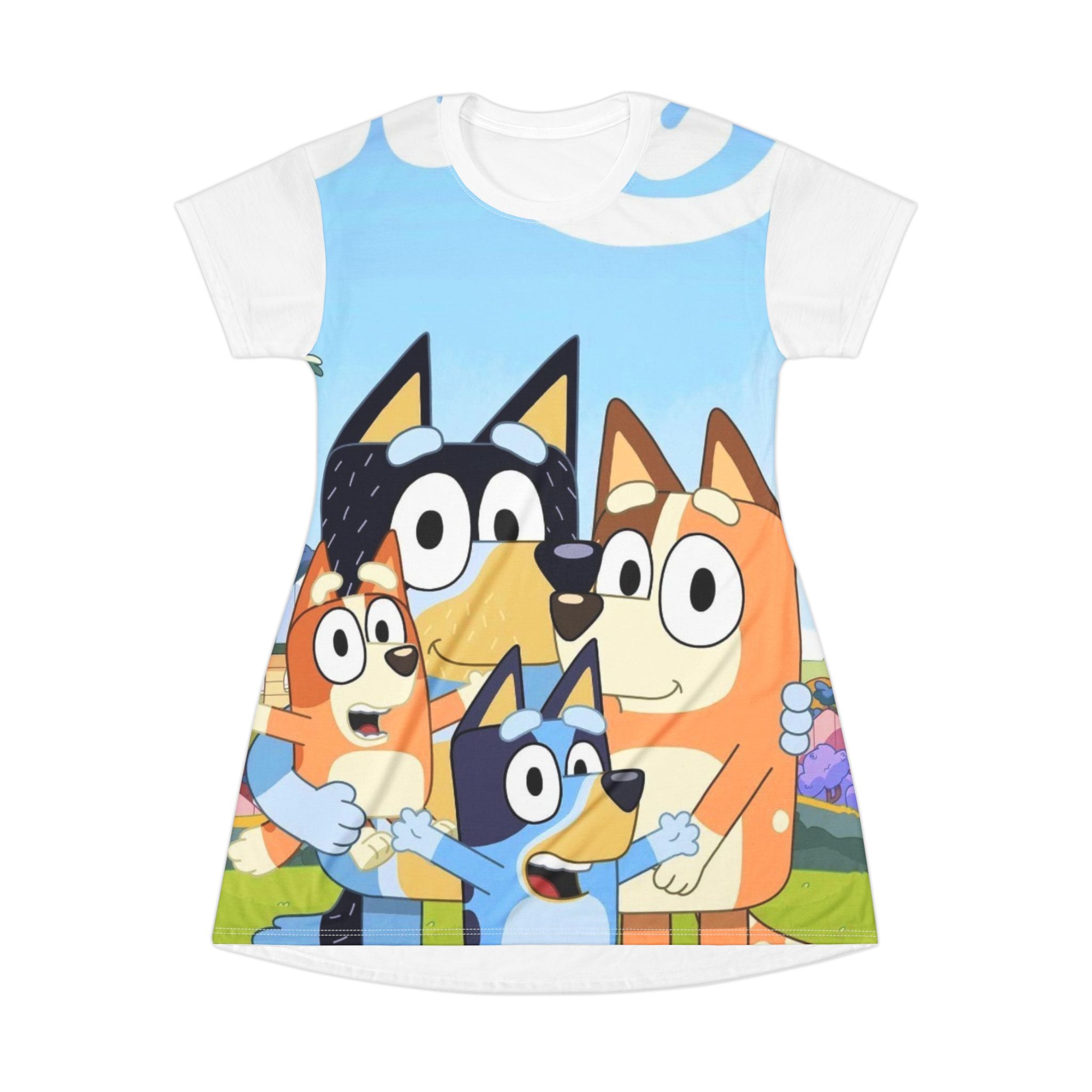Cartoon Family T-Shirt Dress — Colorful Kids' Blue Dog Crew Print