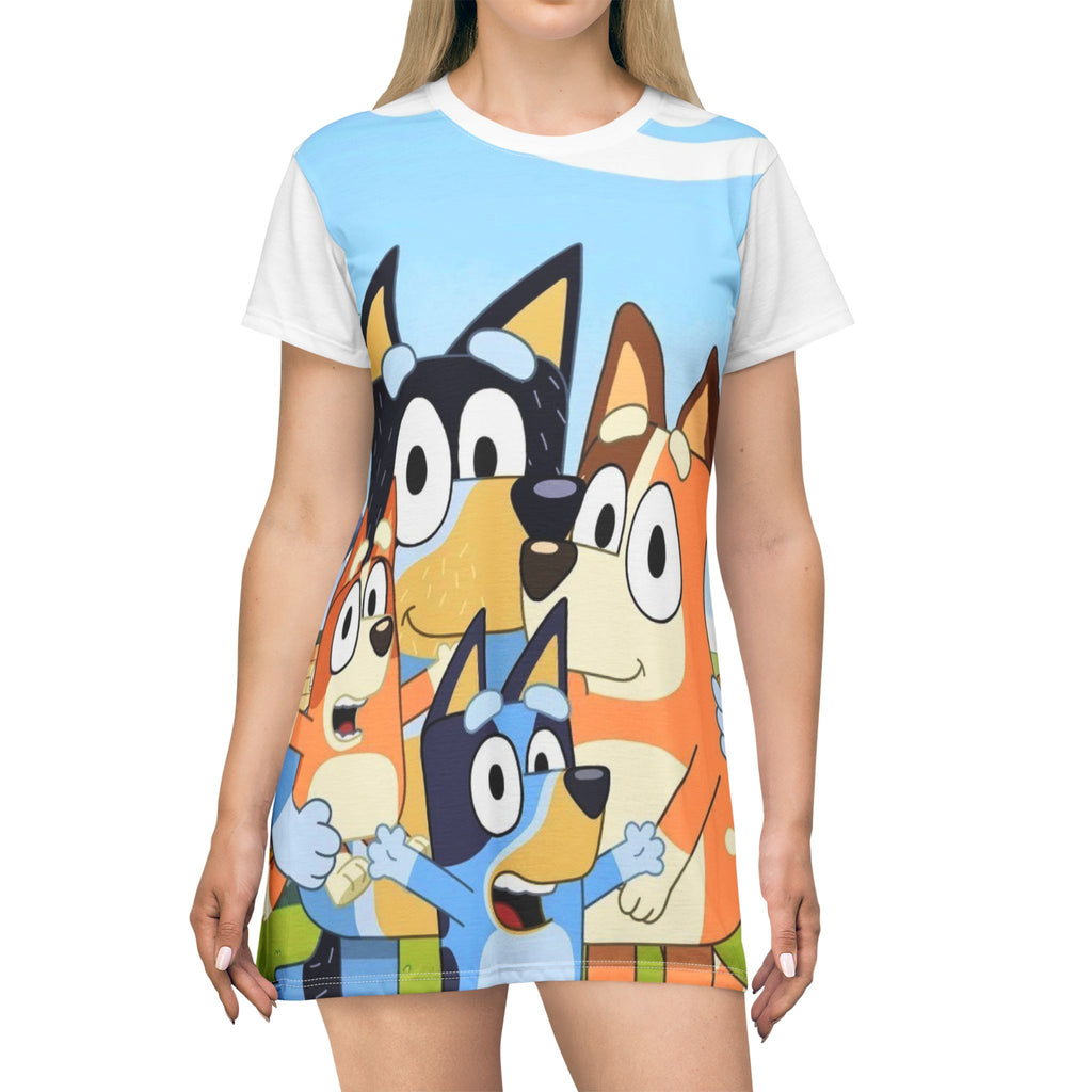 Cartoon Family T-Shirt Dress — Colorful Kids' Blue Dog Crew Print